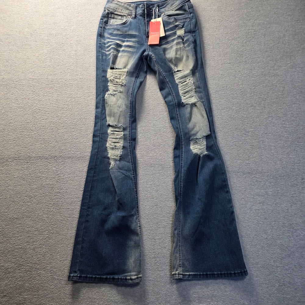 Distressed Flare Jeans High Rise Bell Bottom Womens Blue Denim Curvy NWT Flamigo